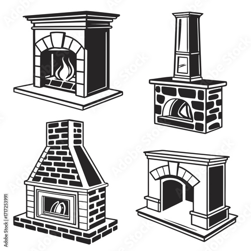 Fireplace chimney silhouettes with flames black and white