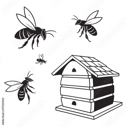 Flying bees and beehive structure insect