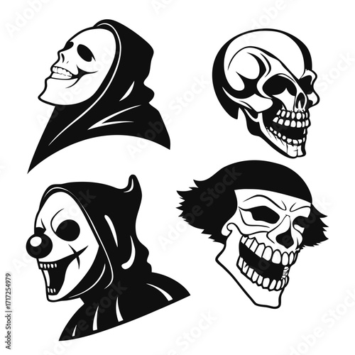 Four black horror mask silhouettes halloween skull