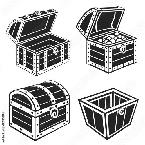 Four black treasure chests open and closed open chest