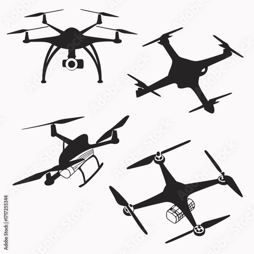 Four drone silhouettes in various poses quadcopter