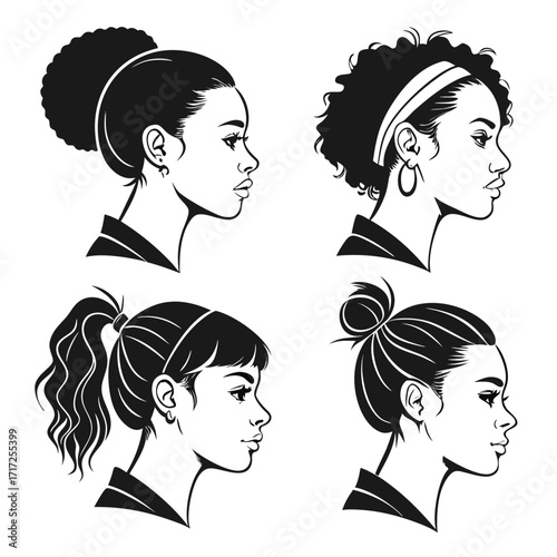 Four female profiles diverse hairstyles top bun curly hair