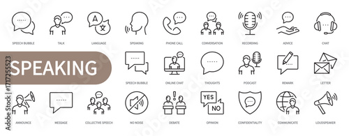 Speaking icon set. Speech bubble, talk, language, speaking, loudspeaker, online chat, message, collective speech, opinion, communicate, podcast, letter, etc. Vector illustration. Editable stroke.