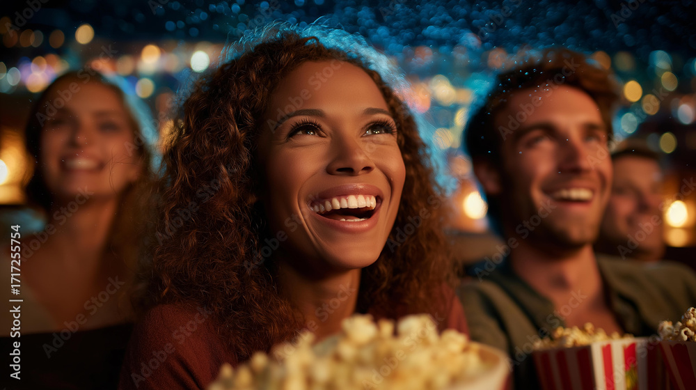 Fototapeta premium A group of friends laughing and watching a movie together at home, with popcorn and snacks scattered around. The screen light illuminates their faces. Represents fun, home, and com