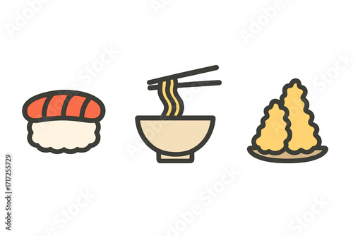 Set of Japanese food icons. Linear vector illustration of sushi, ramen noodles, and tempura. Asian cuisine concept for restaurant menu design. Minimal flat cartoon graphic element.