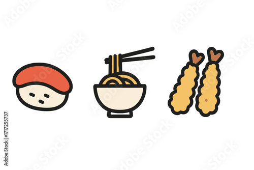 Set of Japanese food icons. Vector cartoon illustration of sushi, ramen noodles, and shrimp tempura. Minimalist linear design for Asian cuisine, restaurant menu, or food delivery.