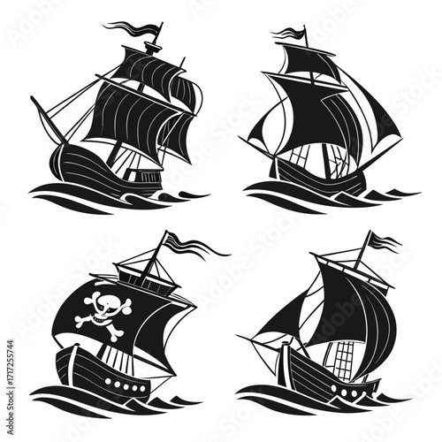 Four pirate ships sailing stormy seas black and white
