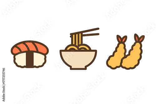 Japanese food icon set of sushi, ramen, and tempura. Linear vector illustration of Asian cuisine. Simple cartoon graphic symbols for restaurant menu, nigiri, and noodle soup.