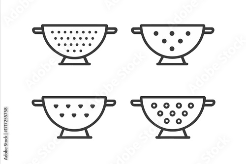 Set of minimalist line icons of colanders. Kitchenware vector illustration for cooking and food preparation. Strainer and sifter symbols for draining pasta or washing.