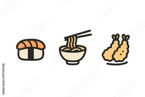 Japanese food icon set with sushi, ramen noodles, and shrimp tempura. Simple linear vector cartoon illustration. Asian cuisine symbols for menu, logo, or web design.