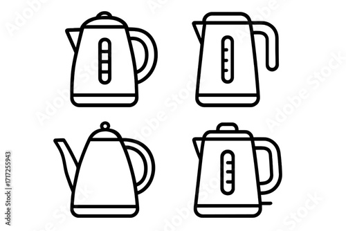 Set of electric kettle line icons. Collection of modern kitchen appliances for boiling water. Simple outline vector illustration of teapots and kettles for hot drinks.