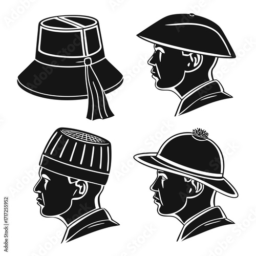 Four traditional hat silhouettes with profile heads