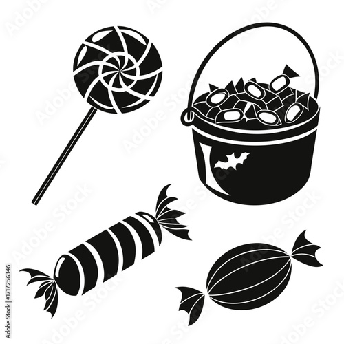 Halloween candy and treats silhouettes lollipop cauldron