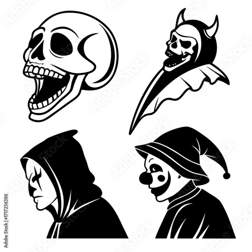 Halloween horror mask silhouettes skull devil clown grim reaper