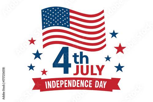4th of July Independence Day vector design with American flag. USA national holiday celebration. Patriotic poster or banner with stars and ribbon. United States of America.