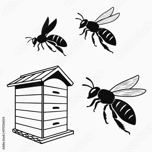 Honey bee and hive silhouette apiary insect