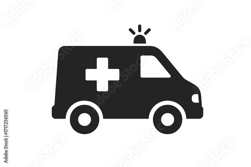 Ambulance car icon. Emergency medical vehicle silhouette with siren. Hospital transport pictogram. Paramedic rescue van for first aid. Healthcare service graphic symbol.
