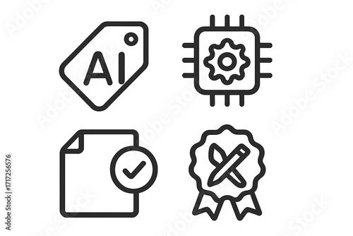 AI generated content icon set. Vector symbols for artificial intelligence, machine learning, content creation, writing. Tag, processor, verified document, quality seal icons.