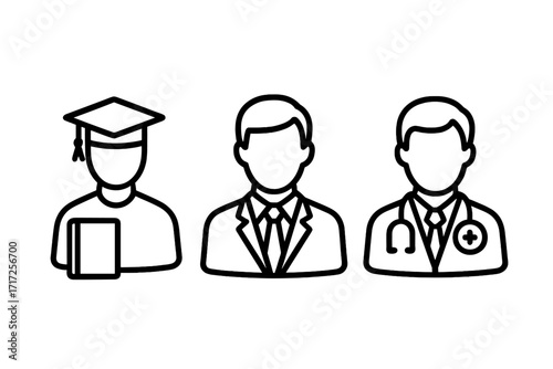 Career path and professional growth icon set. Vector line art of a student, businessman, and doctor. Concepts for education, business, and healthcare professions. Job choice.