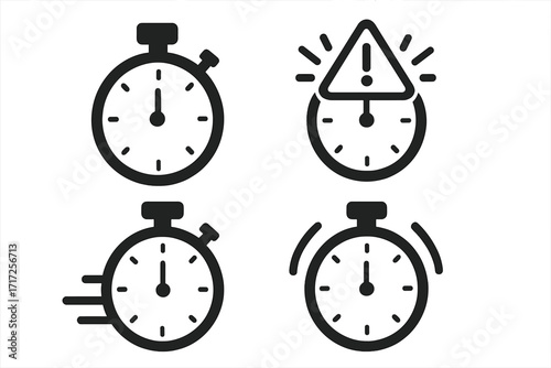 Stopwatch timer icon set. Vector graphic for time management, deadline, urgency, and speed. Fast time counter, alert, alarm symbol. Chronometer graphic element collection.