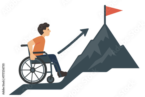 Disabled man in wheelchair overcomes obstacle. Metaphor for success, ambition, reaching goal. Concept of career growth, motivation, determination, challenge, and opportunity.