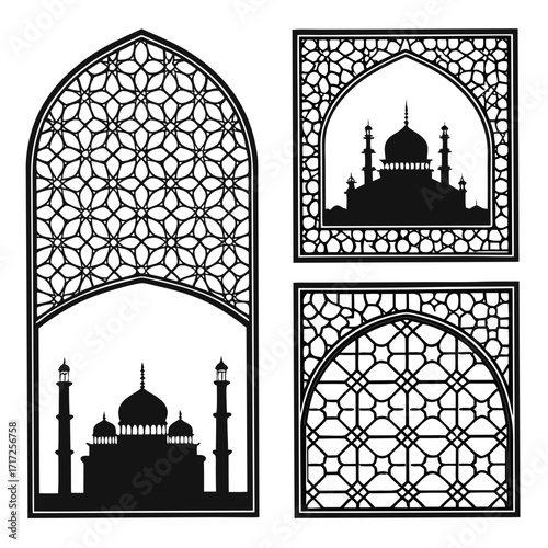 Islamic architectural motifs with minarets and domes