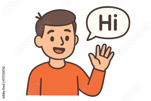 Young man character waving hand and saying Hi. Friendly person welcoming with a gesture and a smile. Cheerful vector illustration with speech bubble for communication concept.