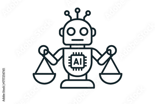 AI ethics. Robot holding justice scales. Concept of artificial intelligence morality, law, regulation, fairness and bias in machine learning. Vector line icon for technology.