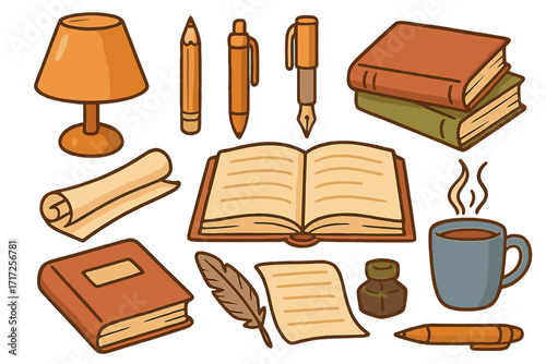 Collection of vintage writing and reading items. Vector cartoon set with book, quill pen, ink, scroll, coffee cup, and lamp. For study, education, library, or literature concepts.