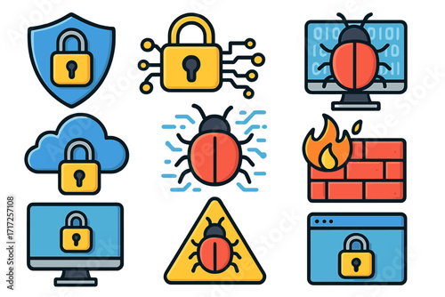 Cybersecurity icon set. Vector concepts for data protection, internet safety, virus, malware, and firewall. Digital bug, hacking, network security, and encryption symbols.