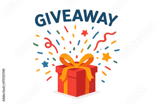 Giveaway enter to win contest. Prize gift box exploding with confetti. Surprise package for promotion, advertising on social media. Vector illustration for internet marketing.