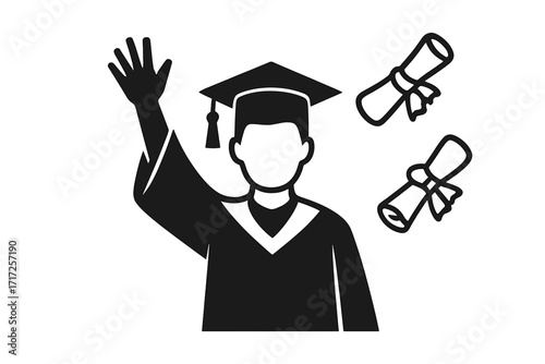 Graduate student in cap and gown with raised hand. Vector icon for graduation, academic ceremony. College, university achievement concept with diploma. Education success.