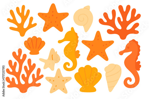 Vector set of sea animals and corals. Cute seahorse, starfish, shell. Ocean underwater life collection. Marine nature icons. Flat cartoon summer holiday design elements.