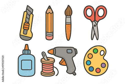 Art and craft supplies icon set. DIY tools for creative hobby. Vector illustration of pencil, scissors, glue gun, paint brush, palette, cutter. Handmade workshop concept.