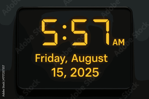Digital clock display with glowing numbers showing time and date. Electronic alarm clock for morning wakeup. Concept of time management, schedule, deadline, appointment reminder.