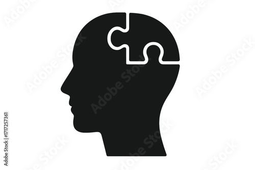Head profile with puzzle piece. Concept for psychology, mental health, therapy, autism, problem solving, and creativity. Mind logic and solution symbol. Vector illustration.