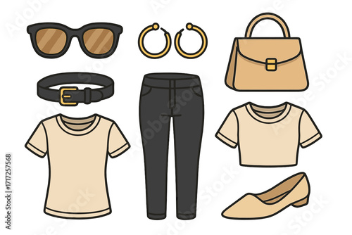 Women's fashion clothes set. Casual outfit collection with t-shirt, pants, handbag, and accessories. Vector illustration of a basic wardrobe for everyday style. Apparel icons.