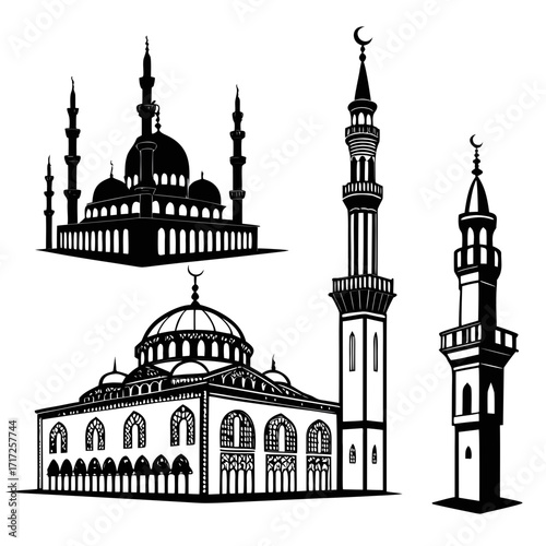 Islamic mosque and minaret silhouettes Islamic architecture