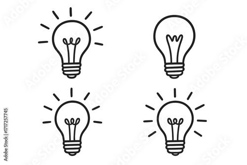 Lightbulb vector icon set. Hand drawn doodle illustration for creativity, ideas, and solutions. Concept for innovation, inspiration, thinking, problem solving, learning and energy.