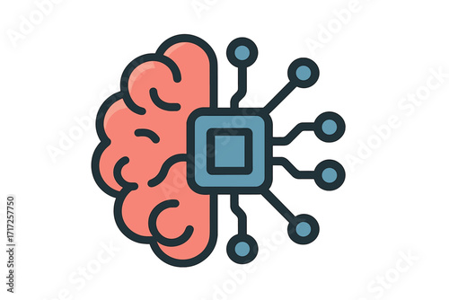 Artificial intelligence icon, brain and processor symbol. AI, machine learning, and deep learning concept. Human mind and technology integration. Digital brain, cybernetics idea.