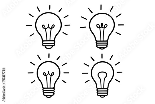 Set of lightbulb vector doodle icons. Hand drawn shining lamp symbols for creativity, idea, innovation, inspiration, solution, and problem solving. Black and white outline sketch.