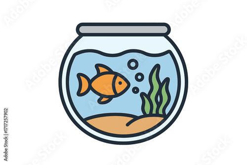 Goldfish in a fishbowl vector icon. Cartoon illustration of a pet fish swimming in a round glass aquarium with water, sand, and seaweed. Symbol for pet shop, hobby, aquatic life.