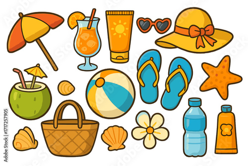 Summer beach icon set. Cartoon vector collection of vacation essentials like sun hat, flip flops, cocktail, sunscreen, ball, shell, and basket. Holiday travel clipart illustration.