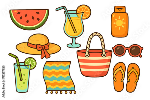 Summer beach vacation essentials set. Vector cartoon collection with sun hat, bag, sunscreen, cocktail, watermelon, and flip flops. Travel and holiday items clipart isolated.