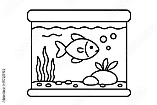 Aquarium outline icon. Fish tank with cute fish, bubbles and seaweed. Simple vector illustration for coloring book. Pet shop logo. Aquatic animal isolated line art doodle.