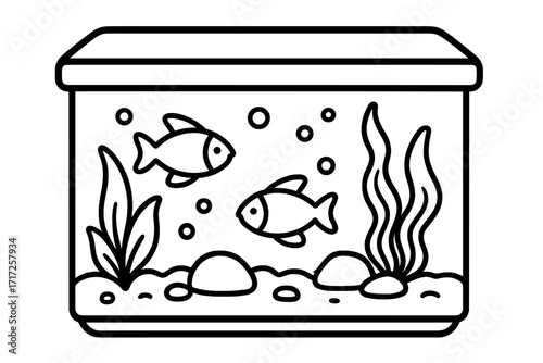 Aquarium line icon. Fish tank vector illustration with two fish, seaweed, and bubbles. Simple outline graphic for coloring book, web design, apps, or pet shop logo.