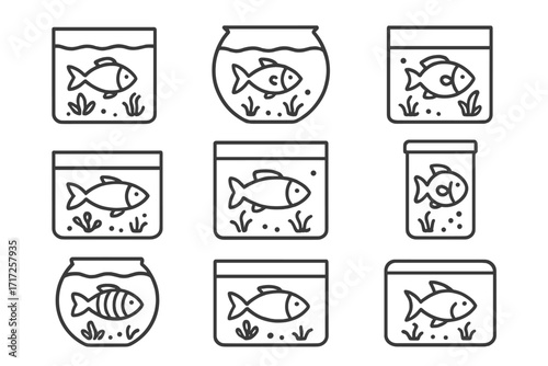 Fish in aquarium line icon set. Minimalistic linear pictograms of pet fish in a fishbowl. Aquatic symbol bundle for web, apps, graphic design, logo, and social media. Vector.