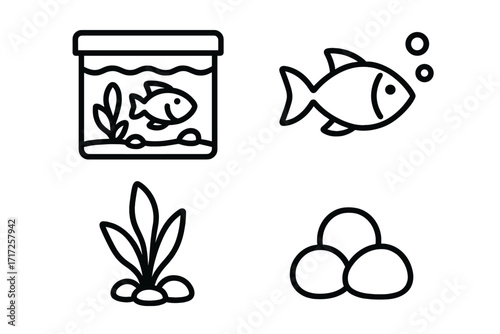 Aquarium line icons set. Fishbowl, fish, aquatic plant, stones. Minimalist pet shop symbols. Simple outline pictograms for web, mobile app, graphic design elements.