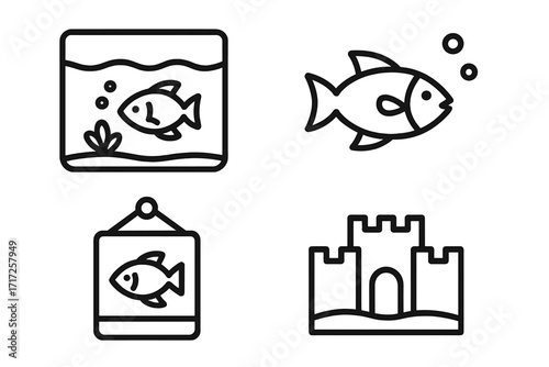 Aquarium line icon set. Fish tank, sandcastle, sign symbols. Simple outline vector illustration for web design, apps, graphic elements. Aquatic pet underwater collection.
