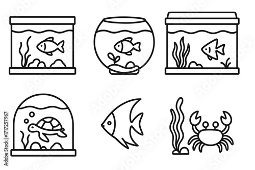 Aquarium and sea life icon set. Simple outline vector illustration collection of fish tank, fishbowl, turtle, crab, and angelfish. Editable stroke line art for web or print.
